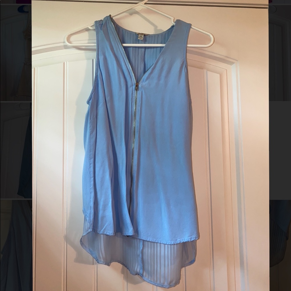 Blue tank with open detail back and zipper front